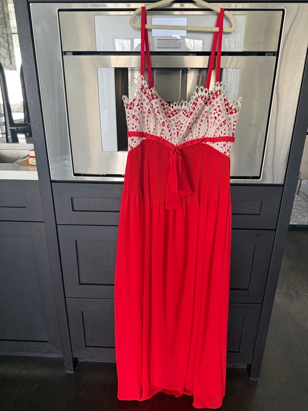 Red Lace-Trim Maxi Dress with Tie Front